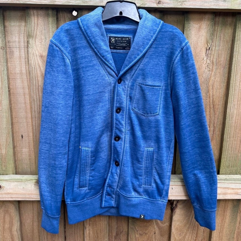 Marc Ecko blue button down shawl cardigan with nice fading Size Md